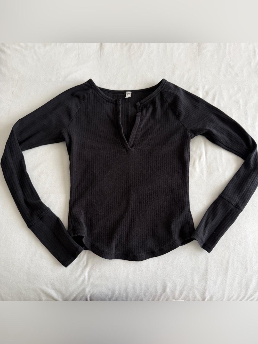 Free People Black Ribbed Long-Sleeve Notch Tee